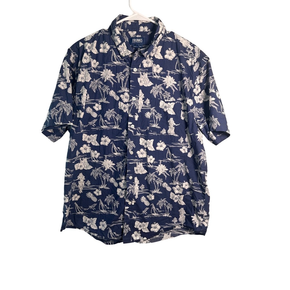 Trunks Surf & Swim Co XL Hawaiian Shirt Navy Blue Hula Girl Palm Tree‎ Stretch